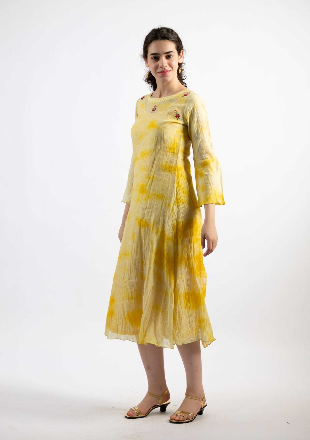 Lime Yellow Tie-Dye Chanderi Dress - Size Small