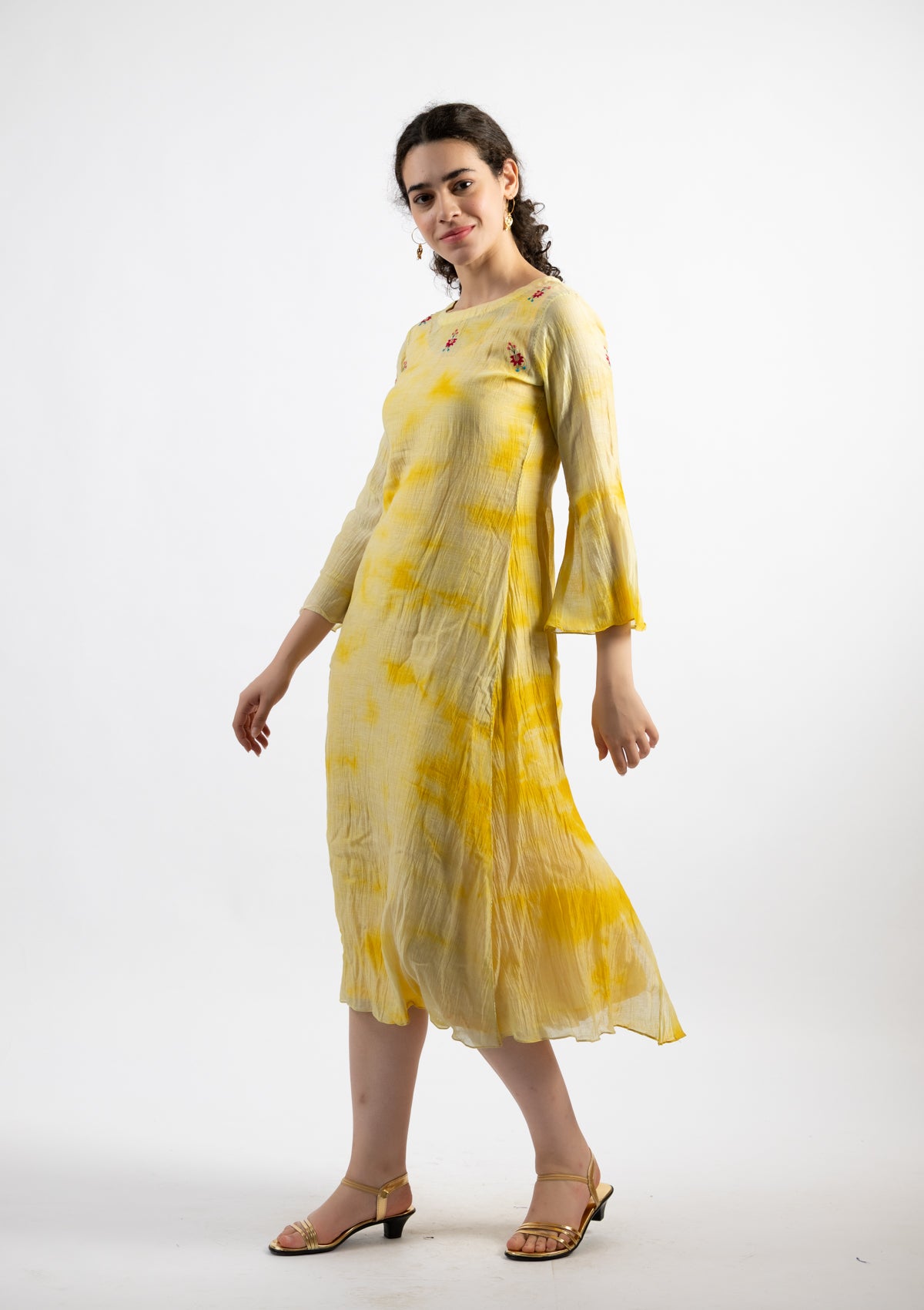 Lime Yellow Tie-Dye Chanderi Dress - Size Small