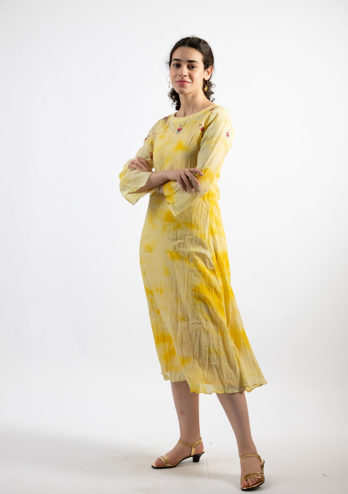 Lime Yellow Tie-Dye Chanderi Dress - Size Small