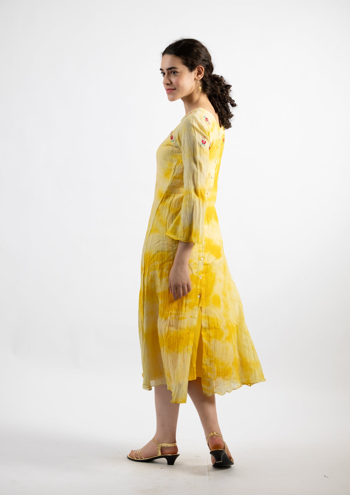 Lime Yellow Tie-Dye Chanderi Dress - Size Small