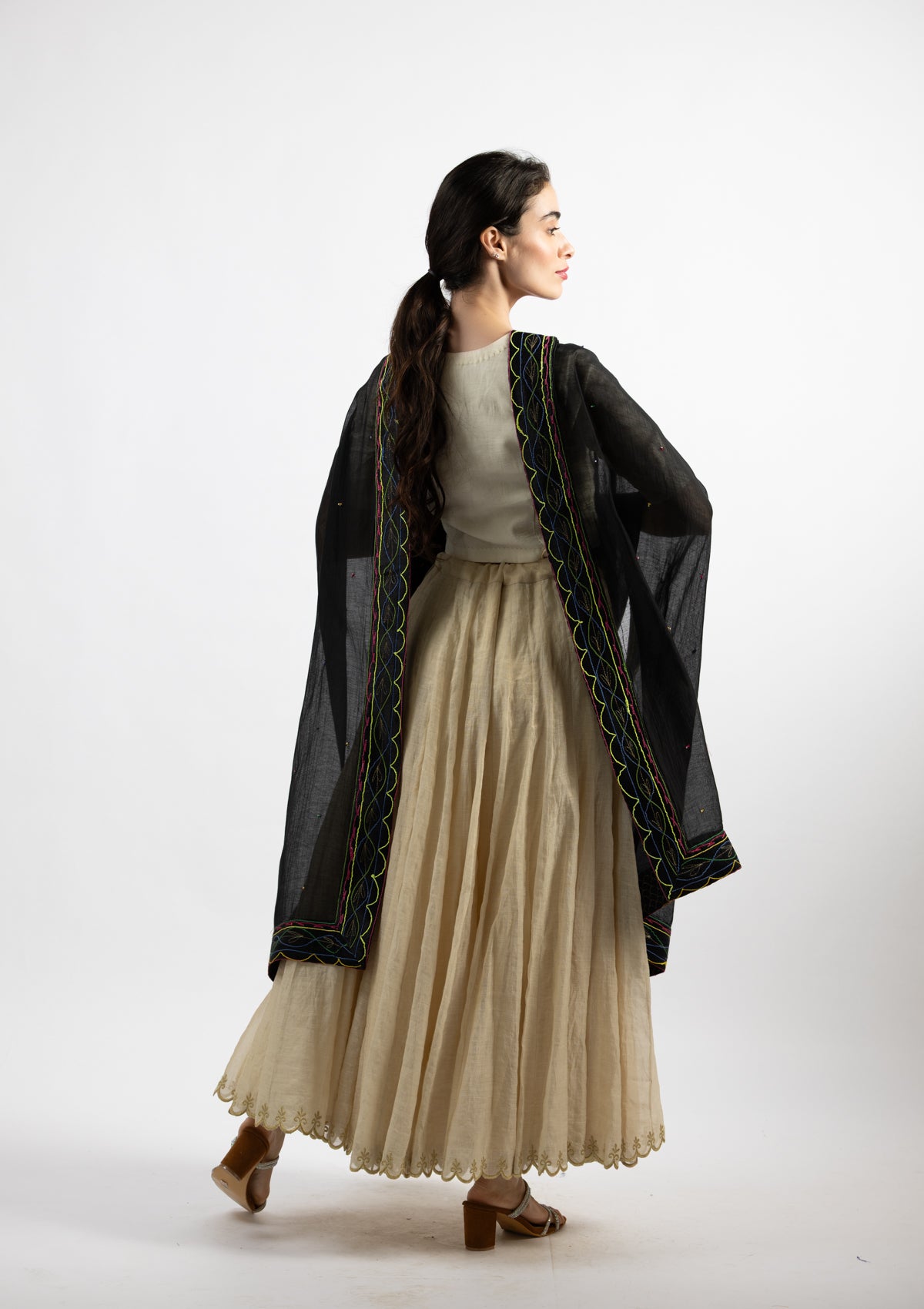 Black Cotton Dupatta with Ornate Borders