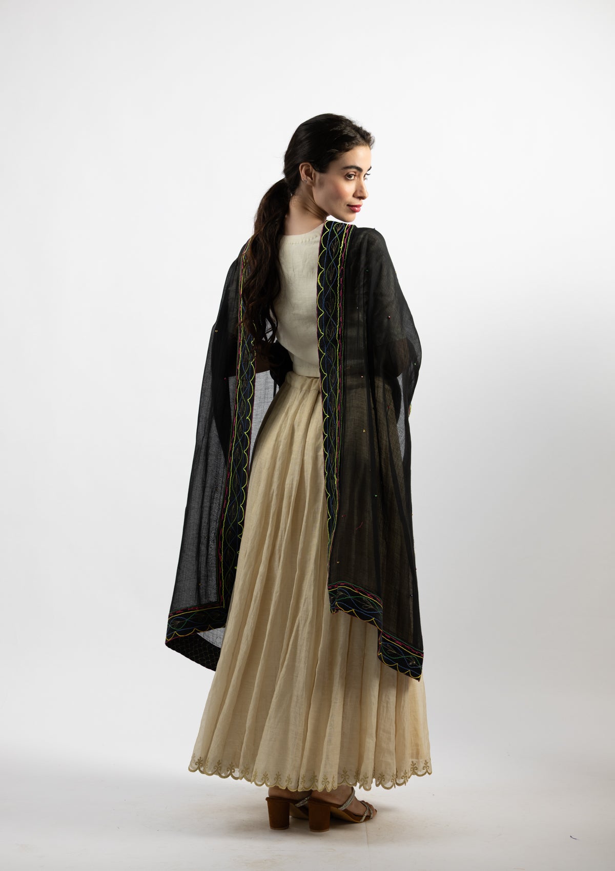 Black Cotton Dupatta with Ornate Borders
