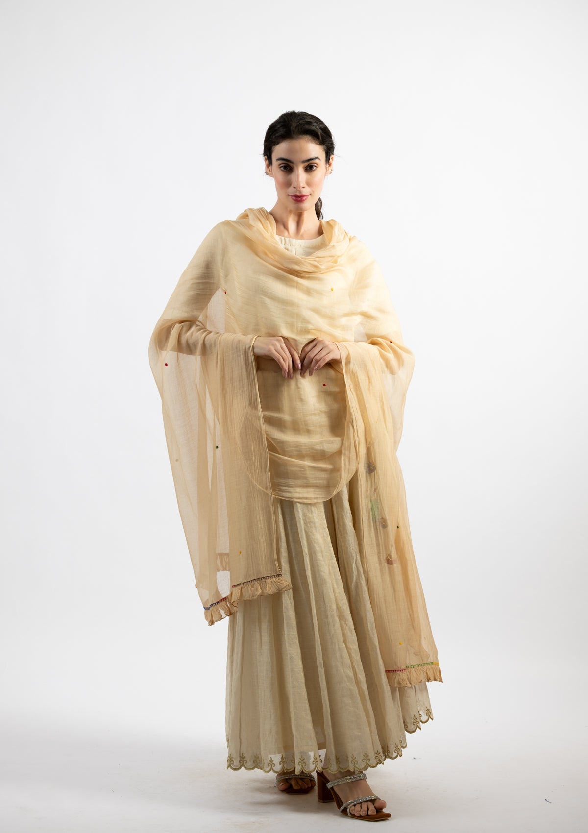 Cream Chanderi Dupatta with Multicolour Dot Embroidery