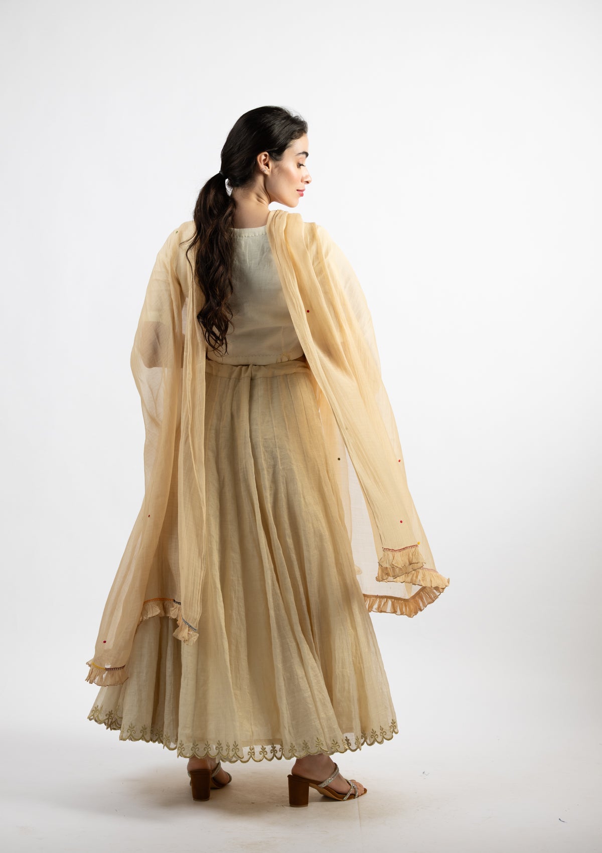 Cream Chanderi Dupatta with Multicolour Dot Embroidery