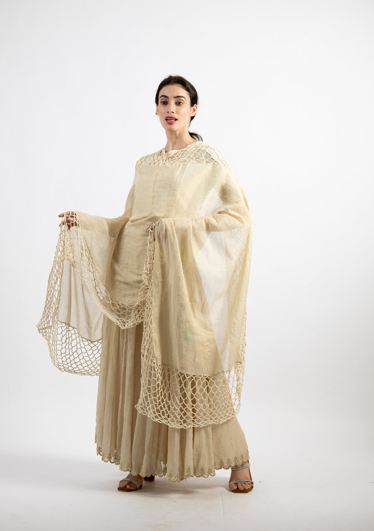 Ivory Crochet-Edged Tissue Dupatta