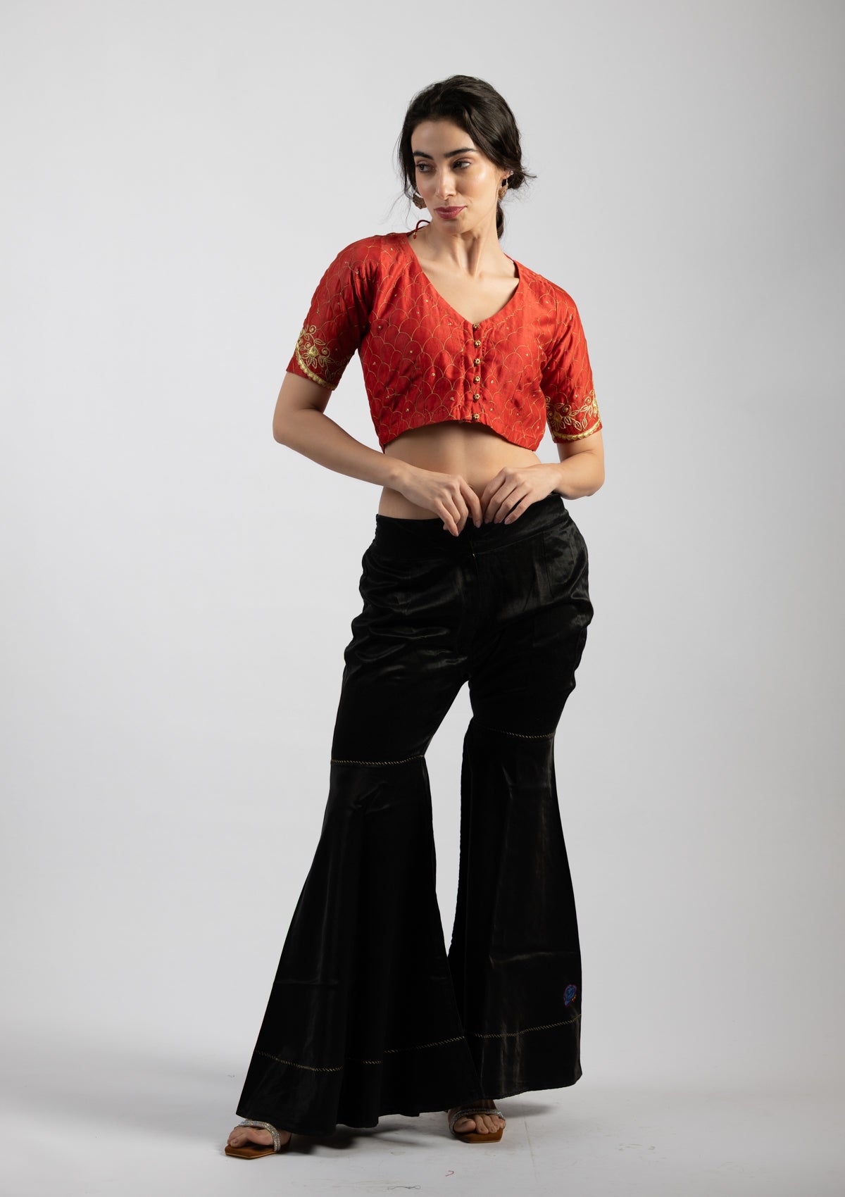 Rito Orange Embroidered Chanderi  Blouse - Size Small