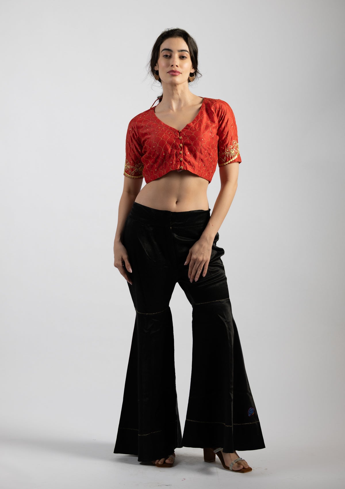 Rito Orange Embroidered Chanderi  Blouse - Size Small