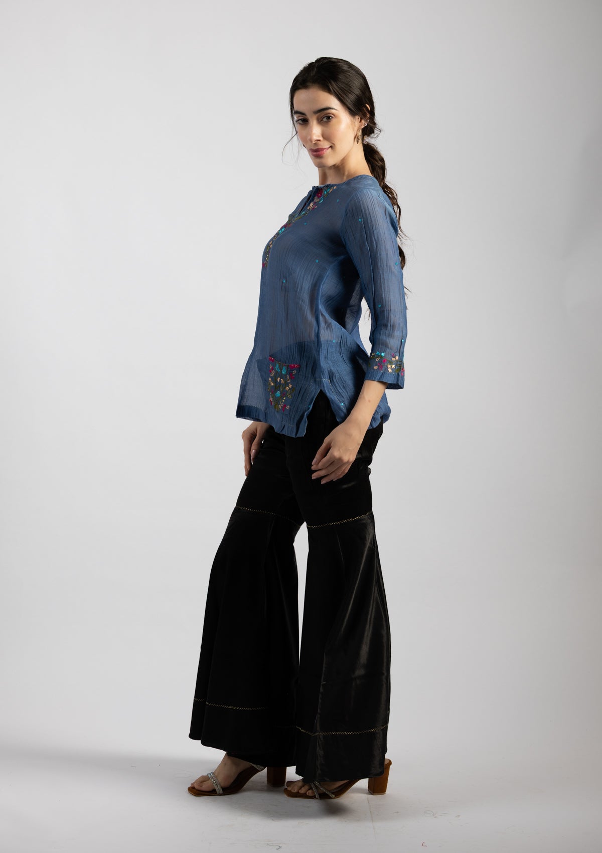 Hazy Blue Embroidered Chanderi Top - Size Extra Large