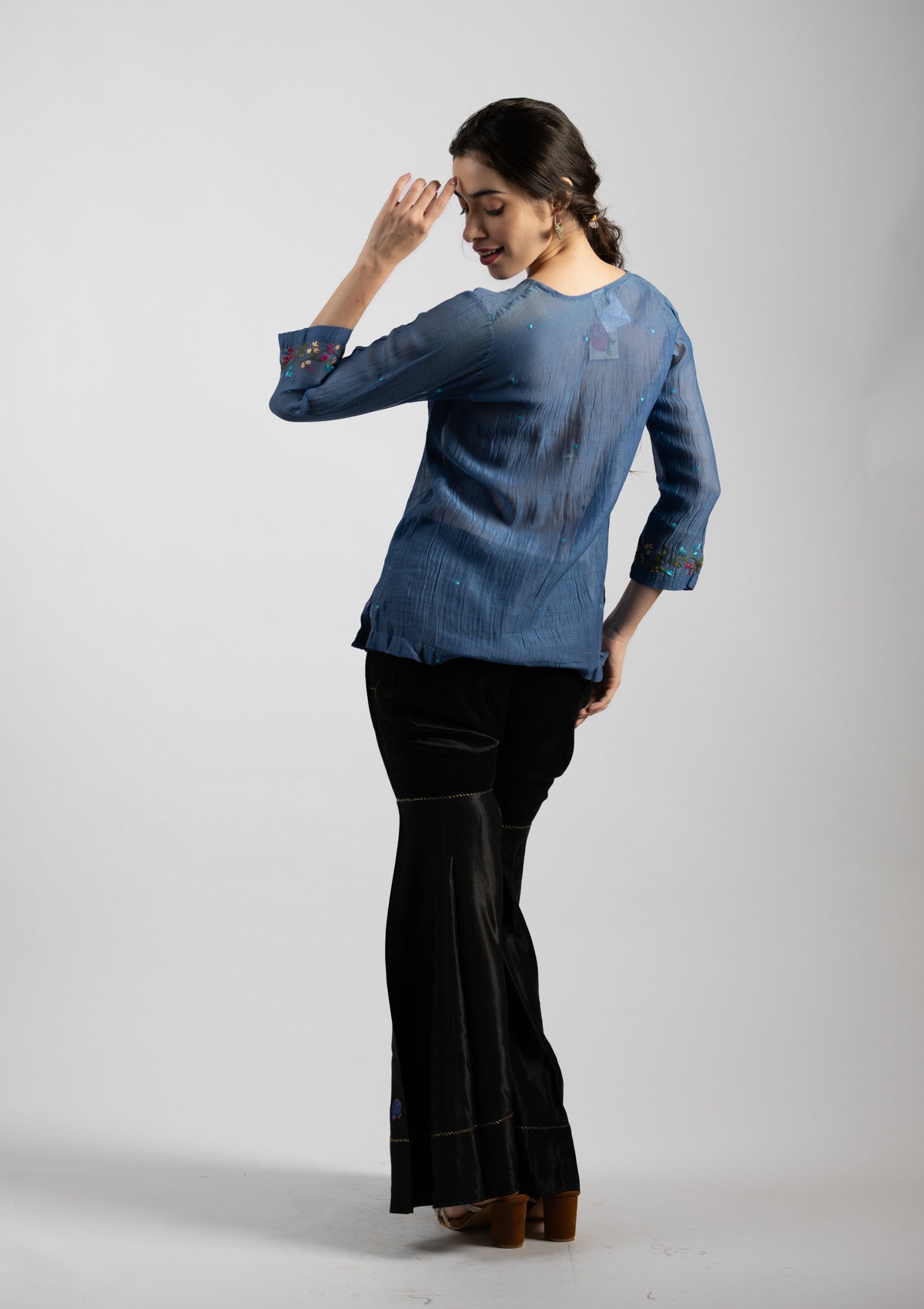 Hazy Blue Embroidered Chanderi Top - Size Extra Large