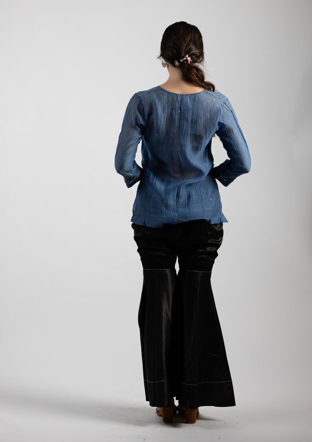 Hazy Blue Embroidered Chanderi Top - Size Extra Large