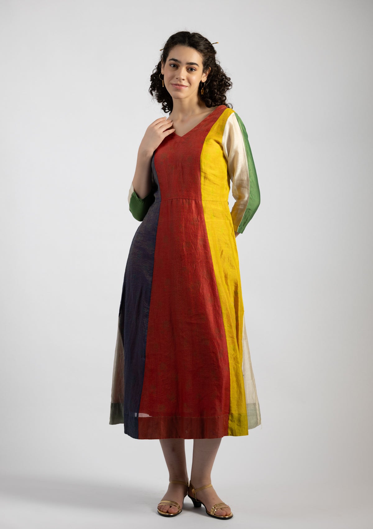 Enya Multi Color Block Chanderi Dress - Size Small