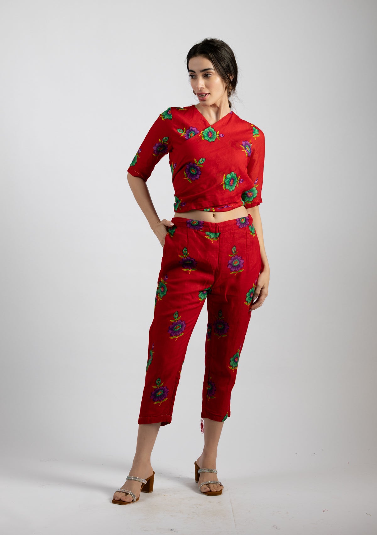 Fiery Red Cotton Co-ord Set - Size Small to Medium