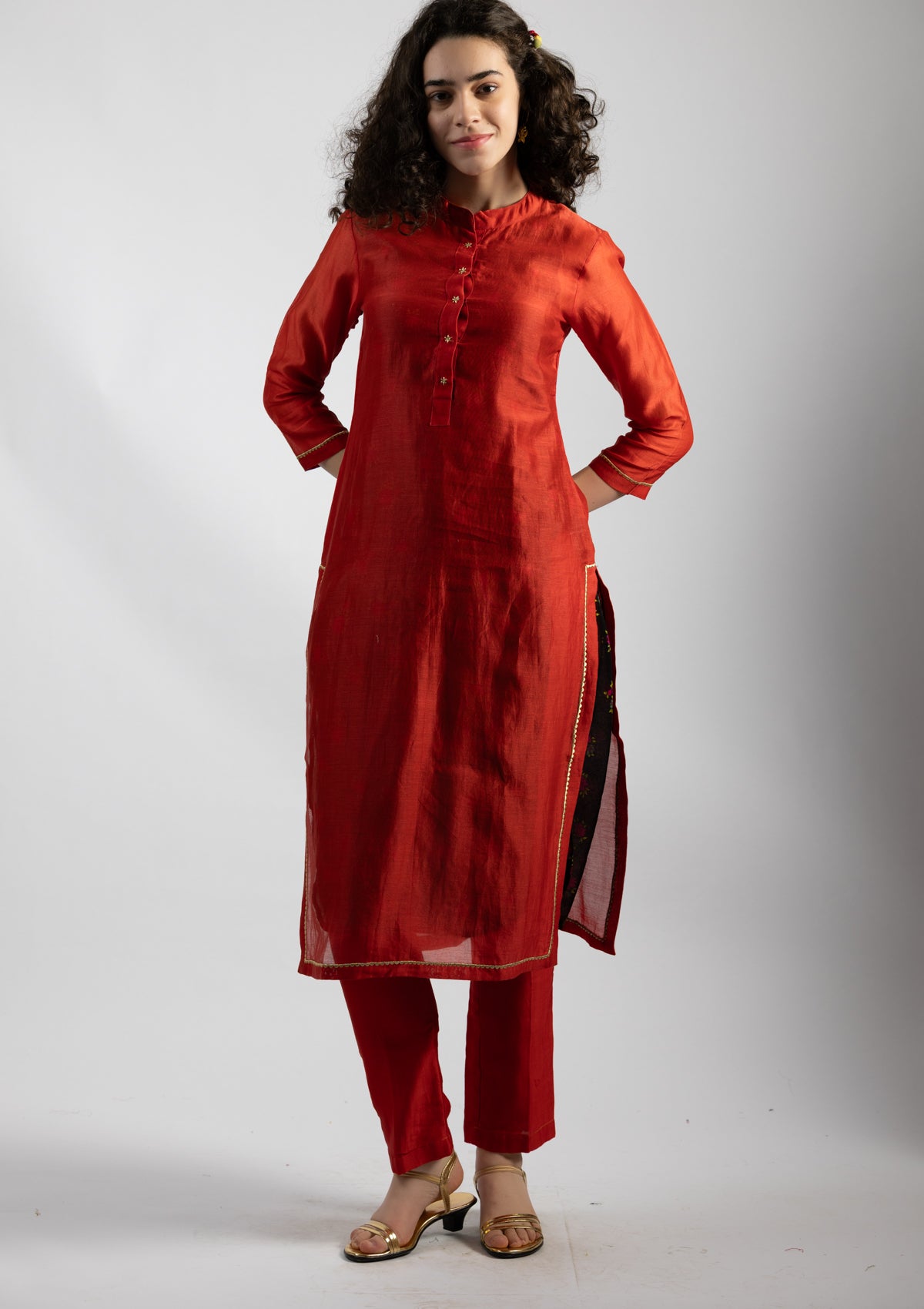 Cherry Red Chanderi Kurta Pant Set - Size Small