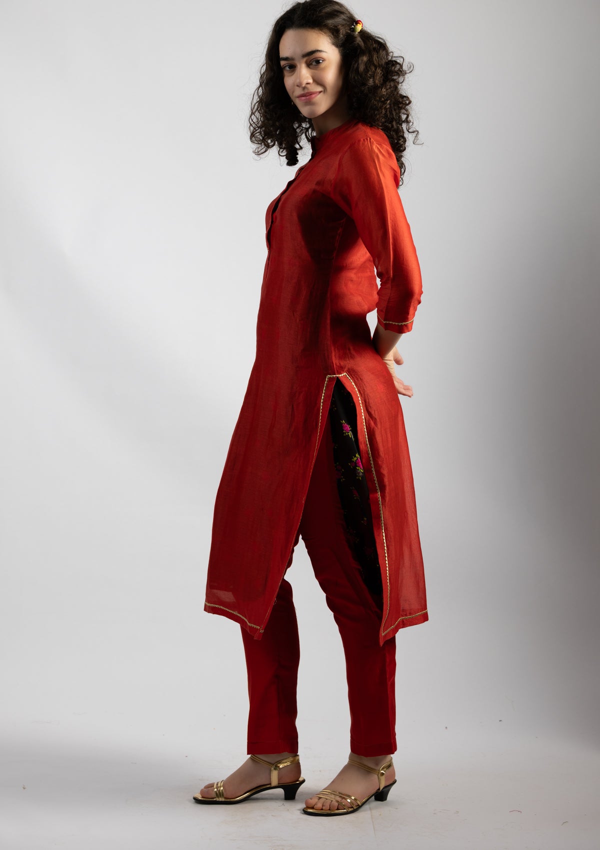 Cherry Red Chanderi Kurta Pant Set - Size Small