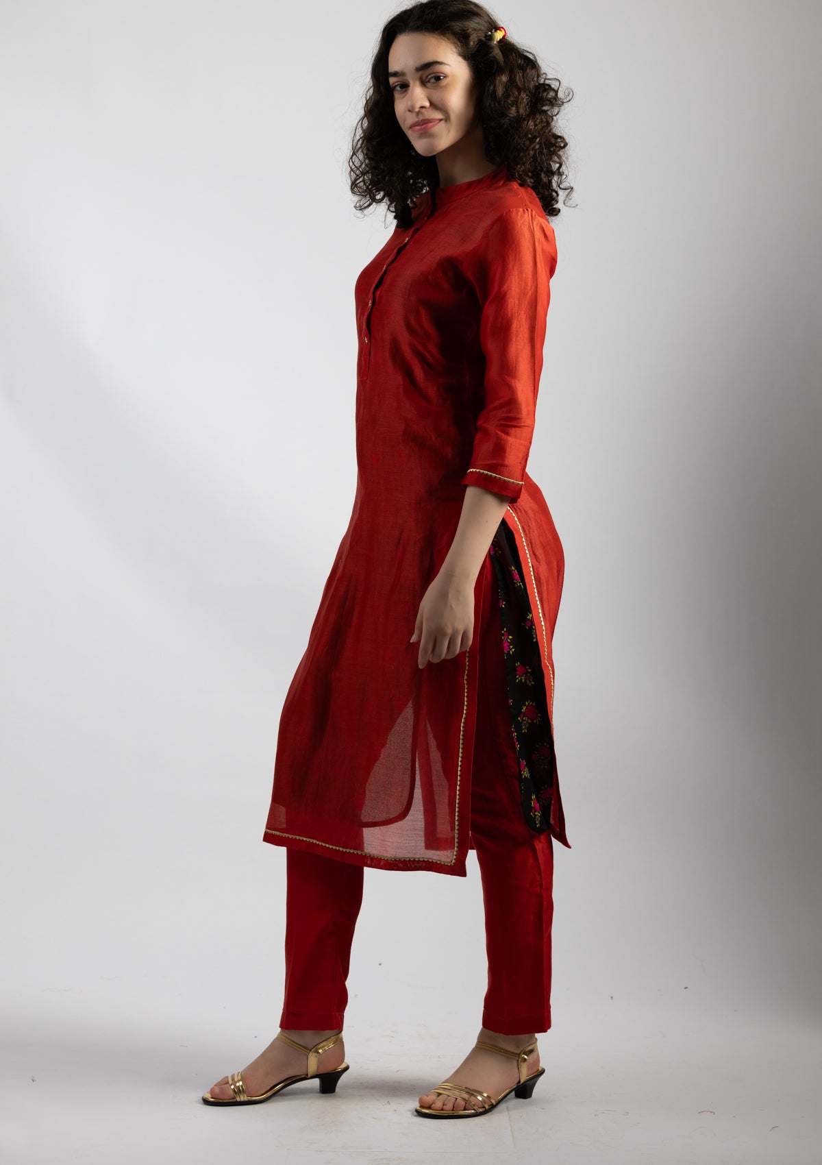 Cherry Red Chanderi Kurta Pant Set - Size Small