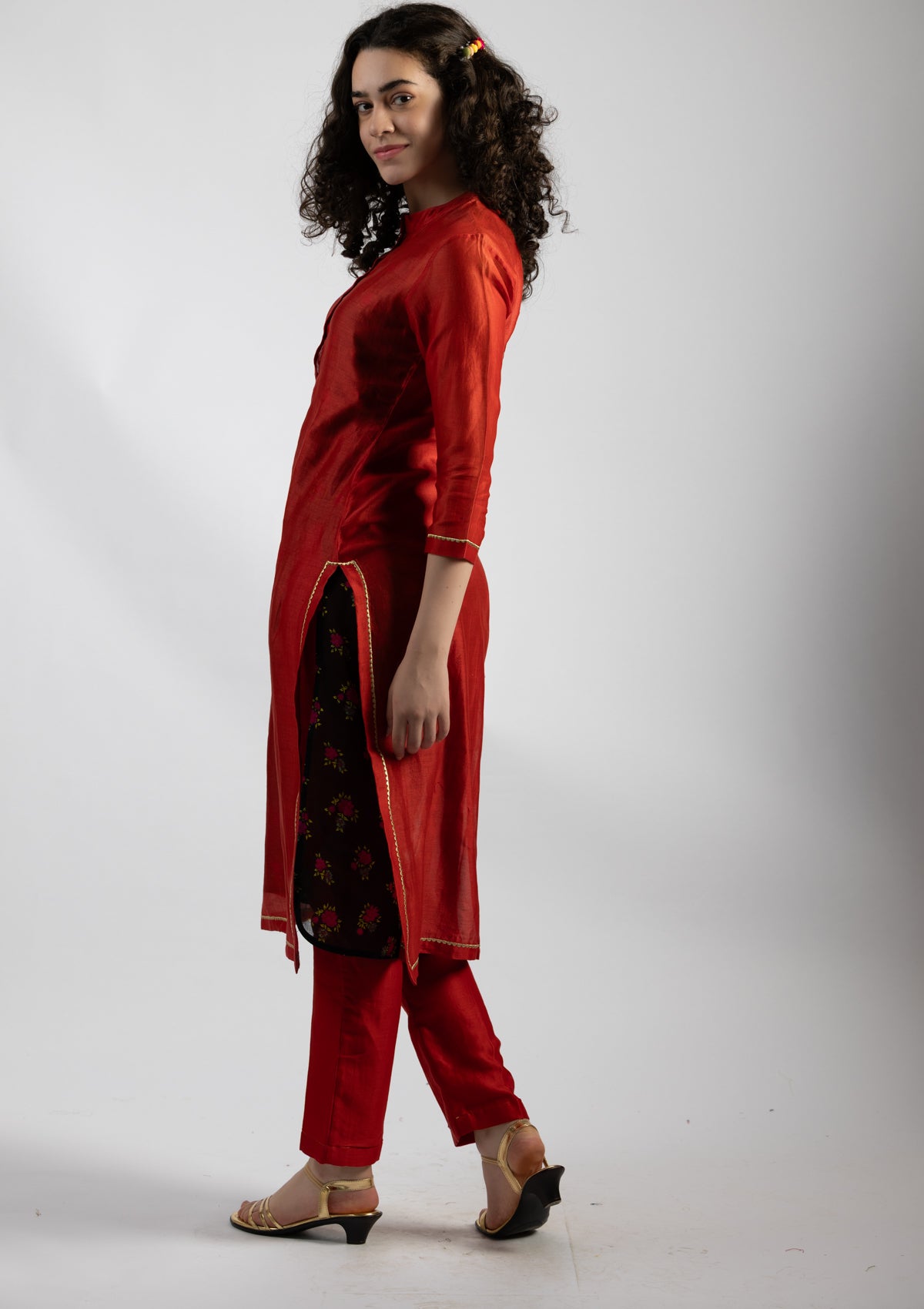 Cherry Red Chanderi Kurta Pant Set - Size Small