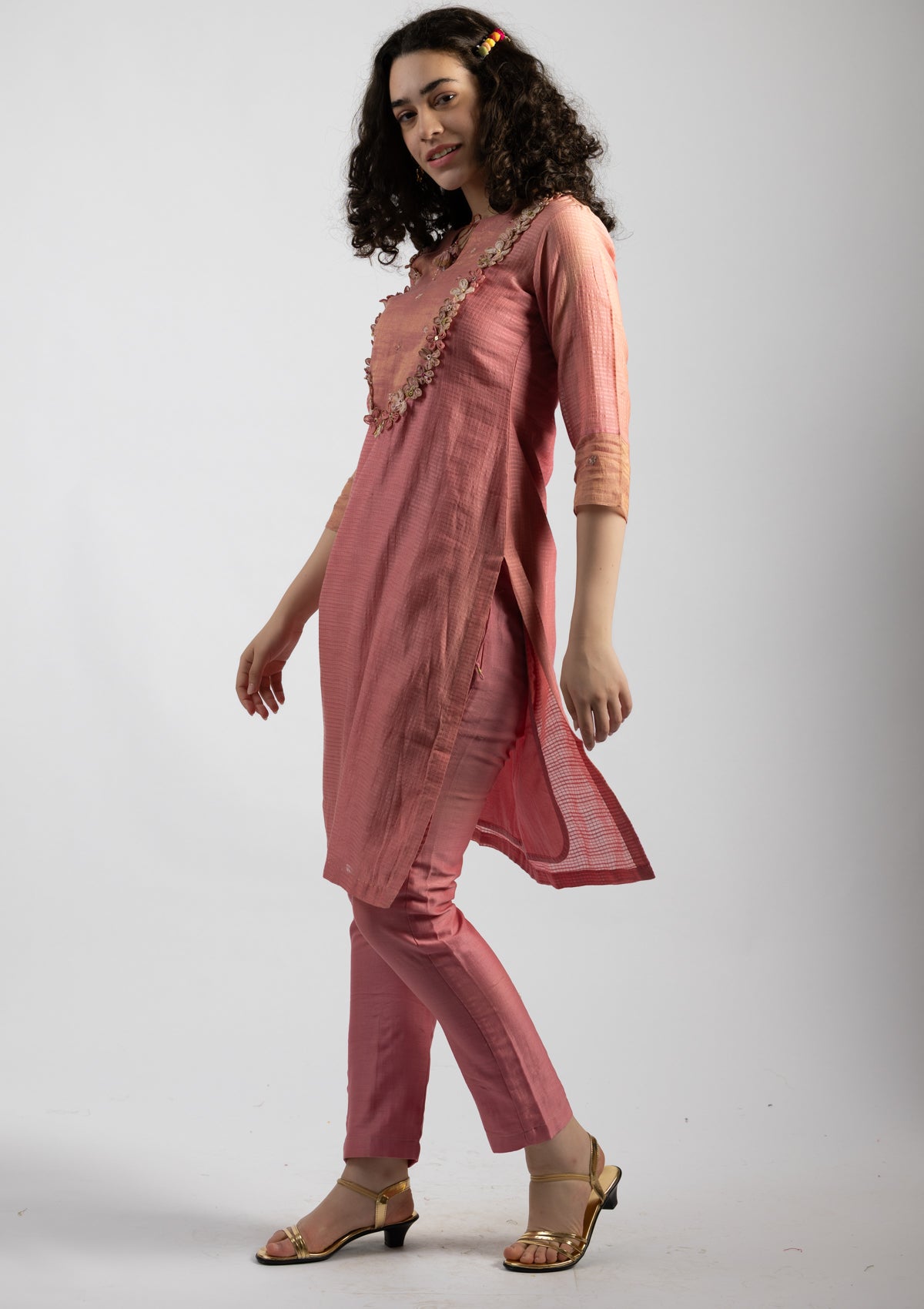 Pastel Pink Chanderi Kurta Pant Set - Size Small