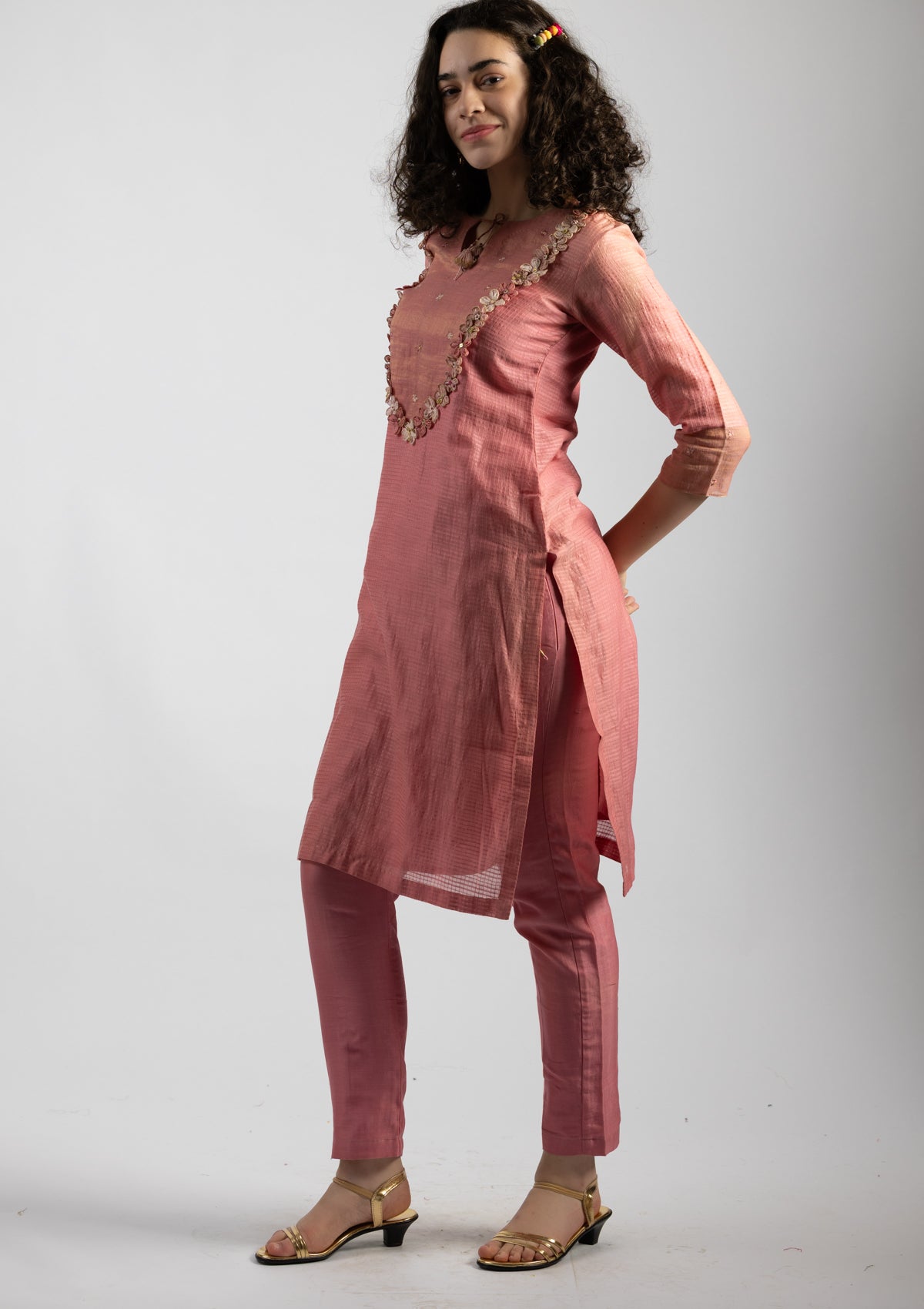 Pastel Pink Chanderi Kurta Pant Set - Size Small