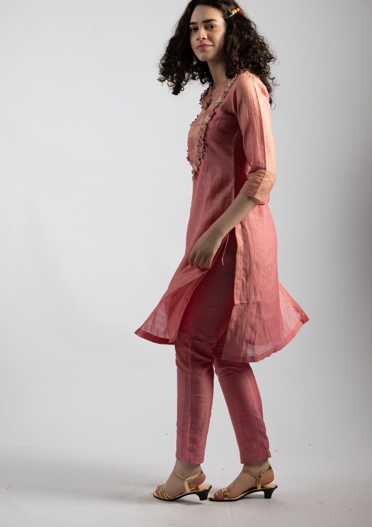 Pastel Pink Chanderi Kurta Pant Set - Size Small