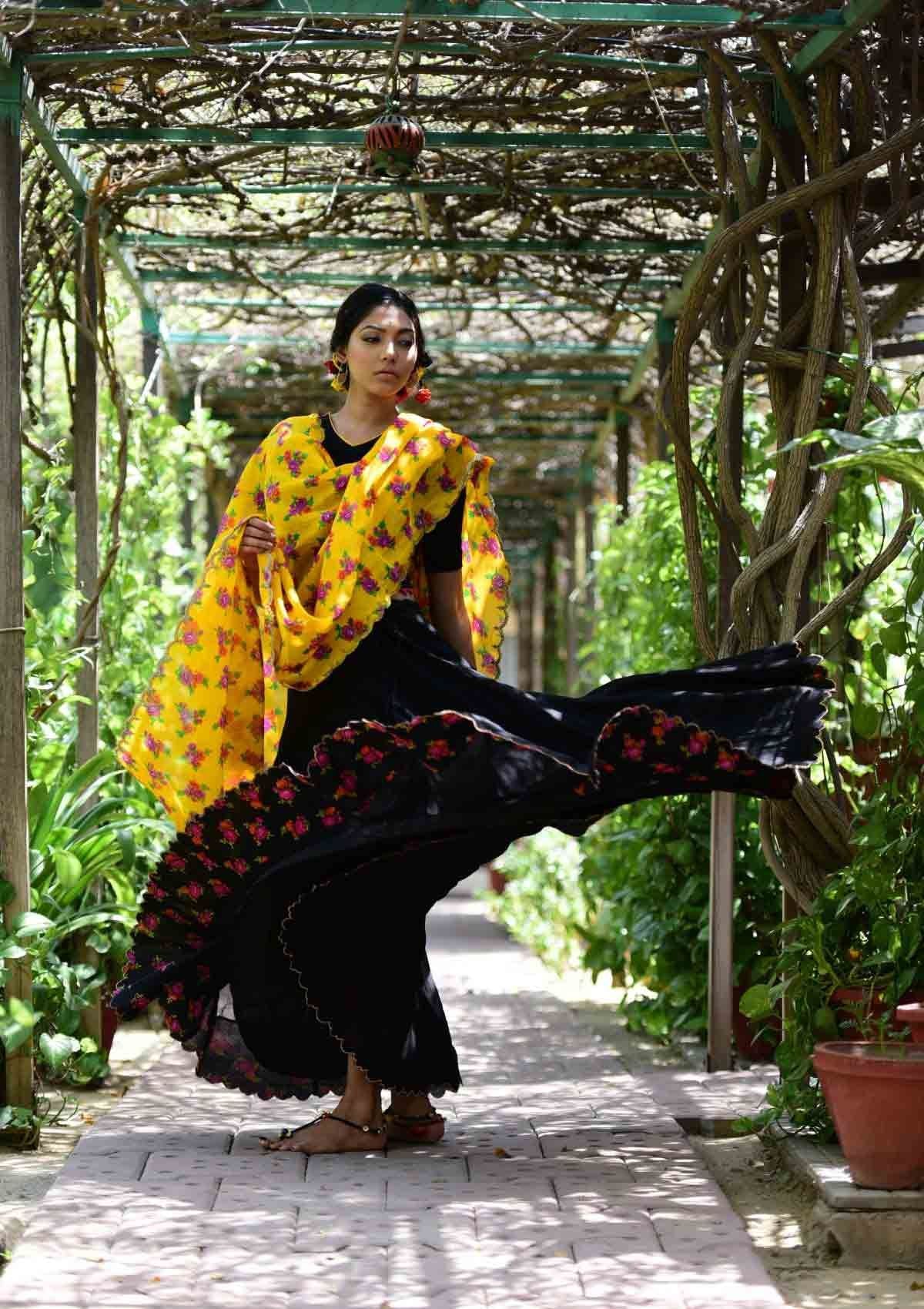 Surma Black Flared Chanderi Skirt