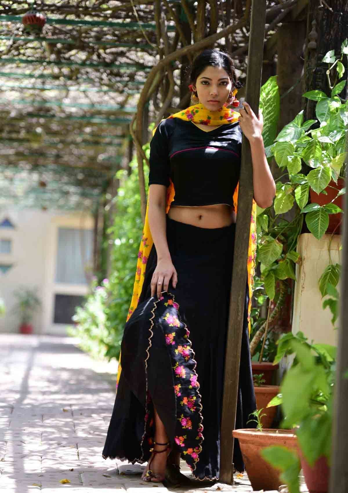 Surma Black Flared Chanderi Skirt